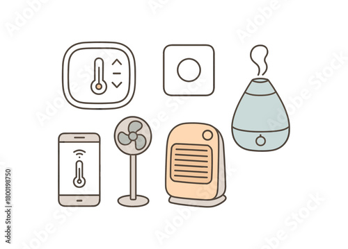 flat vector handdrawn soft palette clean outlines white background climate control smart thermostat room sensor fan heater humidifier app remote card no logos no gloss