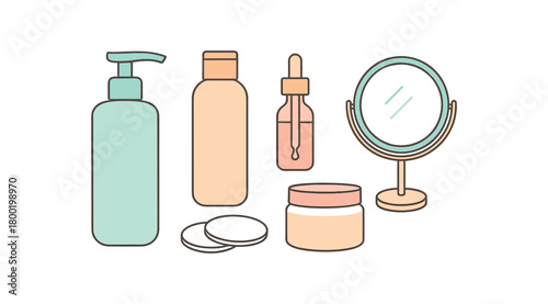 Flat vector skincare: cleanser pump toner serum dropper cream jar cotton pads mirror pastel palette clean outlines minimal centered isolated on white no logos