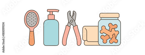 Flat vector pet grooming: brush shampoo bottle nail clipper towel treat jar pastel palette clean outlines minimal centered isolated on white no logos