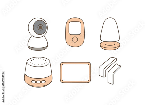 flat vector handdrawn soft palette clean outlines white background smart nursery camera room sensor night light sound machine cable covers sign card blank no logos no gloss