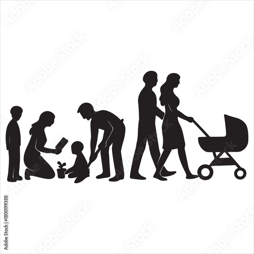 Family life cycle silhouette with parents and children, depicting growth, care, education, gardening, and new beginnings with a baby in a stroller. isolated on white background, Vector, illustration