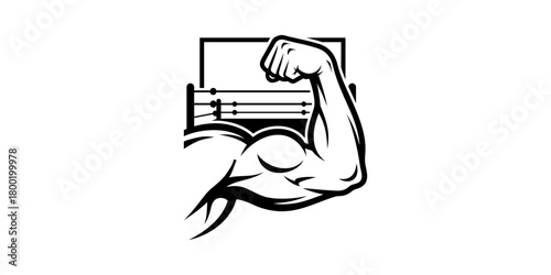 Monochrome vector icon of a powerful flexed bicep in front of a boxing ring, a symbol of strength for gym and combat sports. Scalable graphic for a logo or emblem