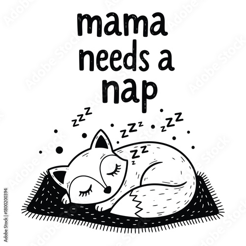 Cute Sleeping Fox on a Rug Black and White Illustration