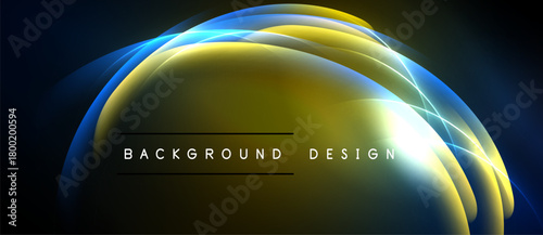 Abstract design features flowing yellow, blue lines. Dark background creates dramatic visual effect. Text reads background design.