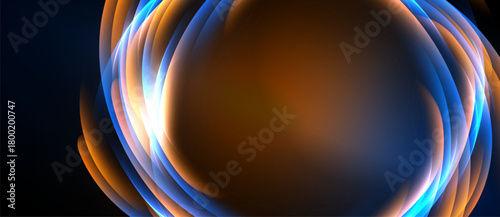 Abstract swirls, vibrant colors blend. Orange, blue hues create dynamic energy. Smooth gradients suggest movement, depth. Modern design element.