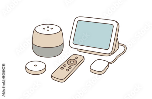 flat vector handdrawn soft palette clean outlines white background smart home hub smart hub voice speaker remote sensor puck small display cable no logos no gloss