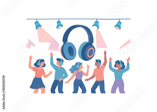 colored flat vector illustration of silent disco with headphones lights and dancing crowd cool pastel palette isolated on white background