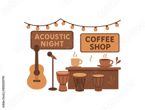 colored flat vector illustration of coffee shop acoustic night party with instruments cups and warm lights warm muted palette isolated on white background