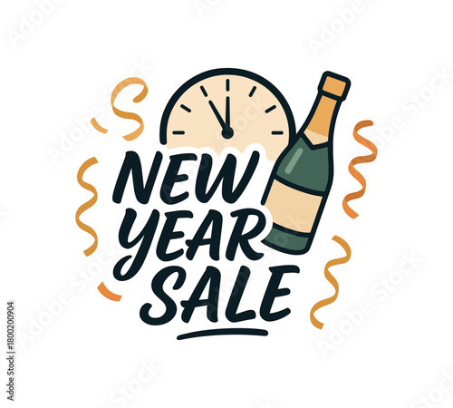 Flat vector illustration with text NEW YEAR SALE brush calligraphic script surrounded by clock champagne bottle and ribbons stylish holiday vector design isolated on white background