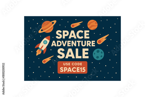 Flat vector invitation SPACE ADVENTURE SALE rocket and planets around thick headline code SPACE15 comet stickers deep navy backdrop with dots playful scifi