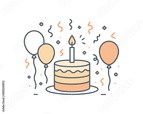 flat vector outline illustration of birthday party scene with balloons cake and confetti clean modern stock vector style minimal color palette soft saturation few smooth lines simple