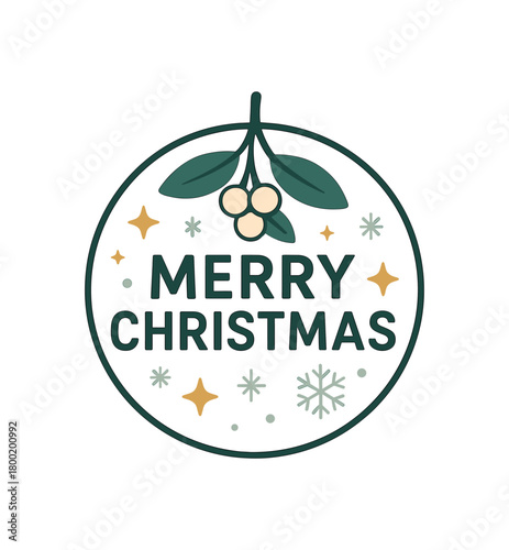 Flat vector illustration with text MERRY CHRISTMAS clean font inside circular badge with mistletoe stars and snowflakes simple festive vector design isolated on white background