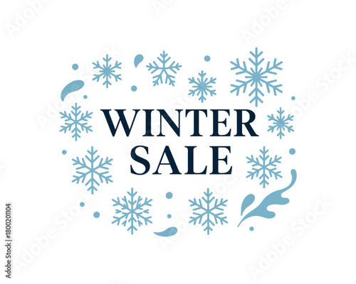 Flat vector illustration with text WINTER SALE minimal serif typography surrounded by snowflakes and abstract shapes elegant winter flat vector design isolated on white background
