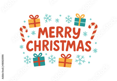 Flat vector illustration with text MERRY CHRISTMAS playful handdrawn font with candy canes gifts and snowflakes around cheerful flat holiday vector style isolated on white background