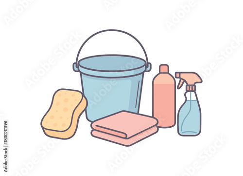 Flat vector wash: bucket sponge shampoo microfiber towel trigger sprayer pastel palette clean outlines minimal centered isolated on white no logos