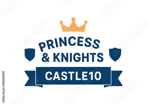 Flat vector pass PRINCESS KNIGHTS crown and shield icons flanking rounded headline code CASTLE10 ribbon banner soft pink and royal blue
