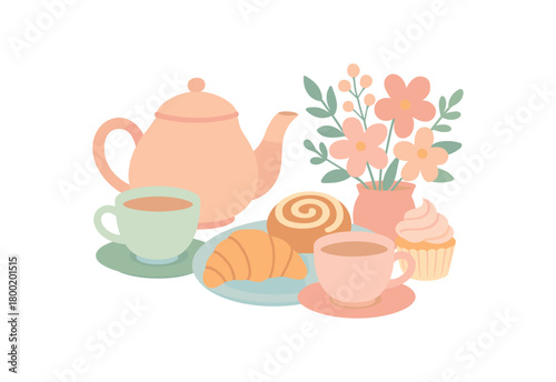 colored flat vector illustration of tea party with cups pastries and flowers pastel gentle colors low saturation isolated on white background