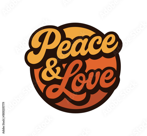 Vector lettering composition with text Peace Love rounded script lettering with retro color palette circular layout isolated on white background 70s inspired vector design