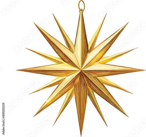Golden Christmas star decoration with yellow sun shape and snowflake pattern illustration