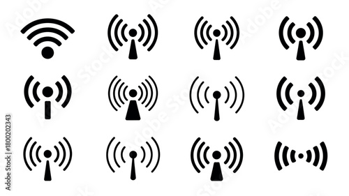 A grid of twelve black and white icons representing wireless signals and Wi-Fi.