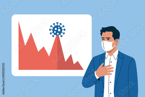 A businessman wearing a mask looks at a declining graph with a virus icon.