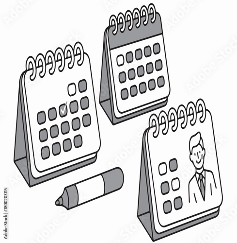 Three spiral notebooks with calendar grids and a business person icon alongside a marker for planning appointments