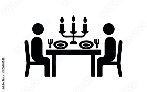 flat black vector illustration of dinner party with table candles and plates bold silhouette style clean modern shapes isolated on white background