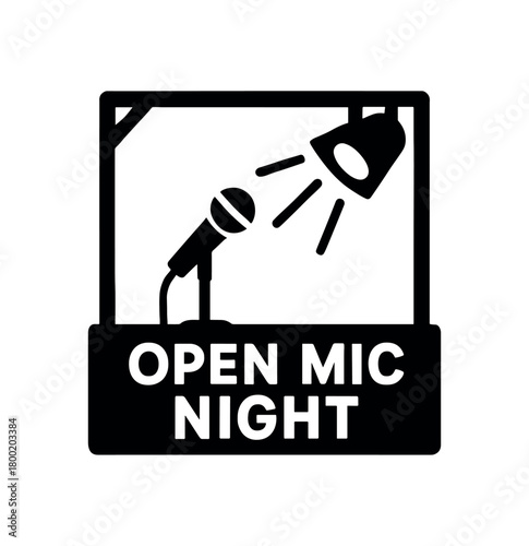 flat black vector illustration of an open mic night party with stage microphone and spotlight bold vector silhouette isolated on white background