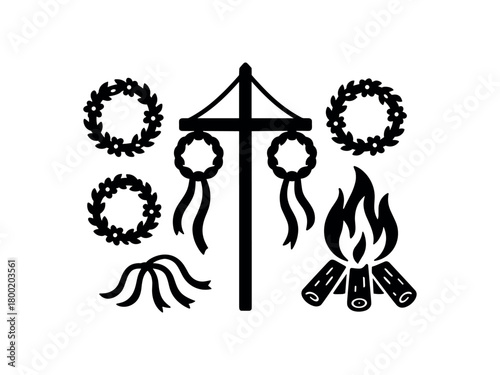 flat black vector illustration of midsummer celebration with wreaths ribbons and bonfire solid silhouette vector isolated on white background
