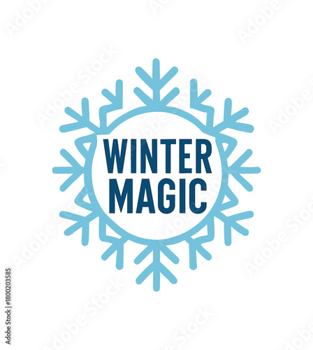 Flat vector illustration with text WINTER MAGIC modern condensed font inside badge made of snowflake pattern minimal geometric flat vector style isolated on white background