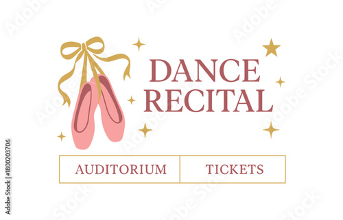 Flat vector banner for DANCE RECITAL ballet slippers and ribbon stars pastel pink and gold palette elegant serif headline section for auditorium and tickets