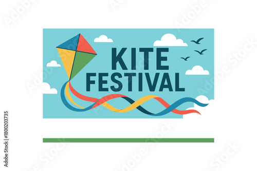 Flat vector banner for KITE FESTIVAL big colorful kite tail weaving through title clouds and birds breezy sky palette clear area for field location