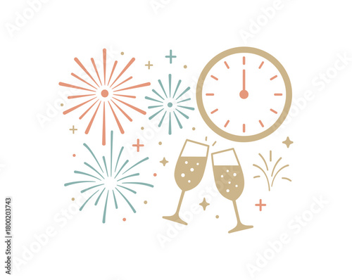 colored flat vector illustration of new year eve party with fireworks champagne glasses and clock low saturation tones modern stock vector look isolated on white background