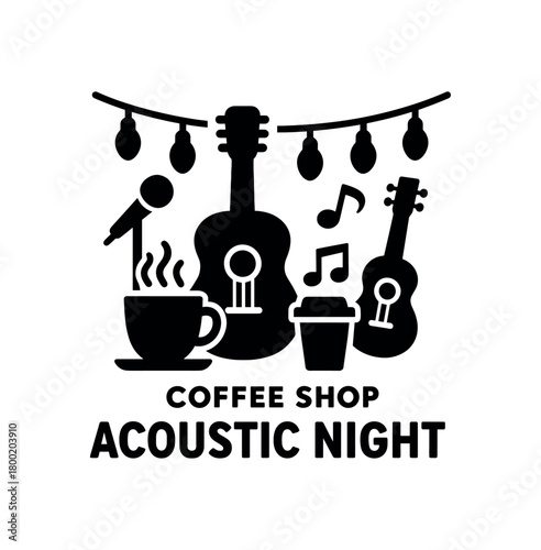 flat black vector illustration of coffee shop acoustic night party with instruments cups and warm lights bold minimal silhouette isolated on white background