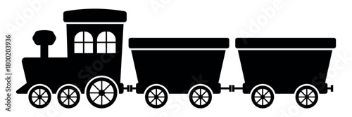 Steam locomotive with carriages icon. Vintage black silhouette toy train with locomotive and two wagons. Classic children railway illustration perfect for education decor and design projects