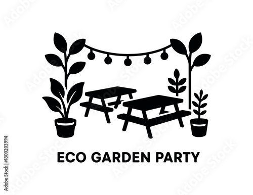 flat black vector illustration of an eco garden party with plants string lights and wooden tables solid modern silhouette isolated on white background