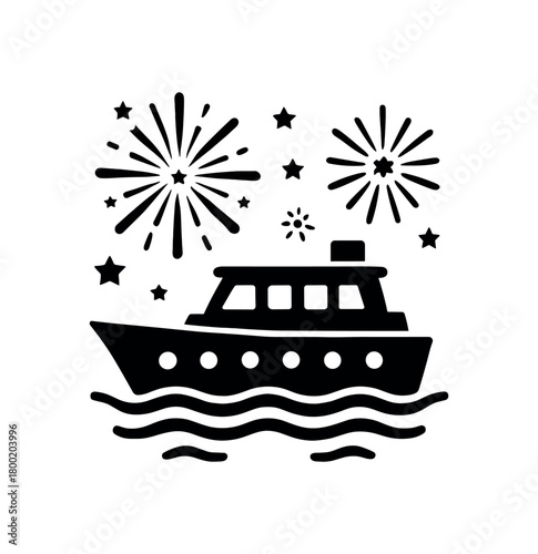 flat black vector illustration of fireworks cruise party with boat sea and lights solid silhouette vector isolated on white background