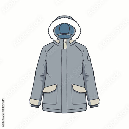 A stylish grey winter parka with a fur-lined hood, perfect for cold weather, featuring a classic design with pockets and adjustable cuffs, a versatile outerwear option for all seasons