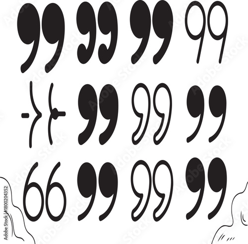 Quotation marks collection with various styles and orientations on a solid black background