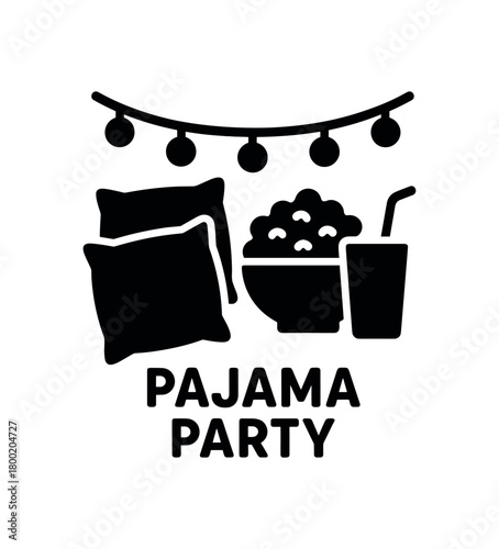 flat black vector illustration of pajama party with pillows snacks and lights silhouette icon simple modern vector isolated on white background