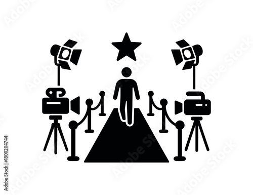 flat black vector illustration of film premiere party with red carpet cameras and lights solid silhouette style isolated on white background