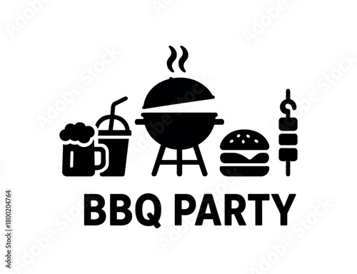flat black vector illustration of bbq party with grill drinks and food strong minimal silhouette clear shapes isolated on white background