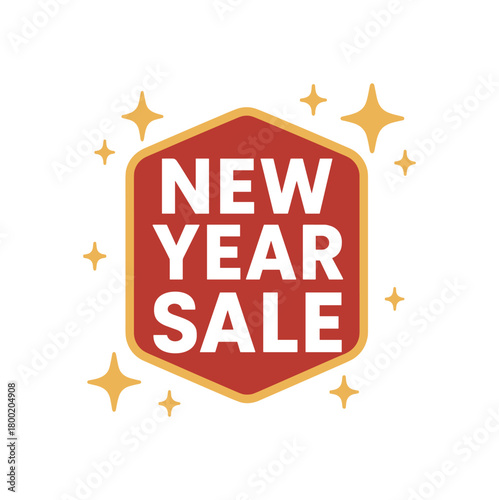 Flat vector illustration with text NEW YEAR SALE bold uppercase typography badge layout with gold stars and sparkles professional festive flat vector banner isolated on white background