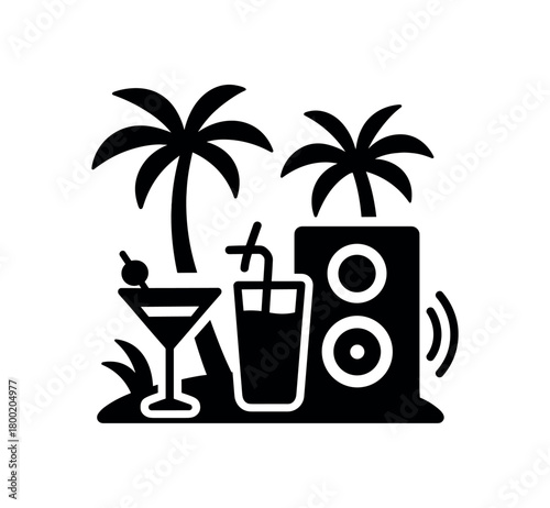 flat black vector illustration of beach party with palm trees drinks and music speakers bold silhouette icon minimalist stock vector look few defined shapes isolated on white background