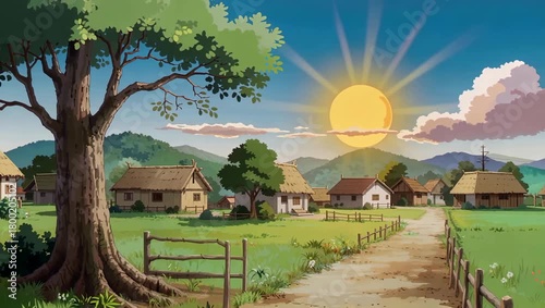 Peaceful Anime Village Landscape on a Sunny Day.