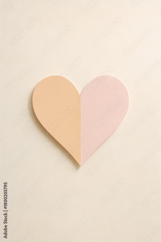 Fototapeta premium Minimal pastel paper heart on beige background—layered cutout for Valentine cards, wedding invites, and love-themed designs.