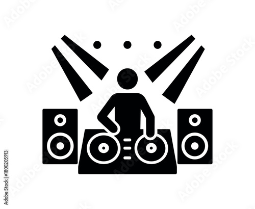 flat black vector illustration of music dj party with turntables speakers and light beams silhouette vector design clear minimal layout isolated on white background