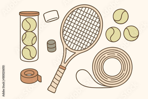 flat vector handdrawn soft palette clean outlines white background tennis practice racket balls can grip tape sweatband string reel no logos no gloss