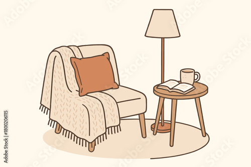 flat vector handdrawn soft palette clean outlines white background cozy corner knit throw cushion floor lamp side table book ceramic mug no logos no gloss