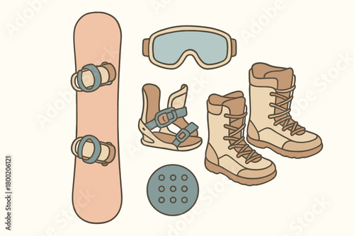 flat vector handdrawn soft palette clean outlines white background snowboard set board bindings goggles stomp pad no logos no gloss